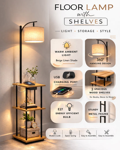 Modern Floor Lamp with Wooden Shelves & Charging Station | Bedside Lamp with USB Port, Power Outlet & Fabric Shade | Space-Saving Side Table Lamp for Living Room & Bedroom | Walnut Finish, Warm Ambient Lighting