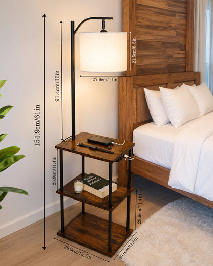 Modern Floor Lamp with Wooden Shelves & Charging Station | Bedside Lamp with USB Port, Power Outlet & Fabric Shade | Space-Saving Side Table Lamp for Living Room & Bedroom | Teak Finish, Warm Ambient Lighting