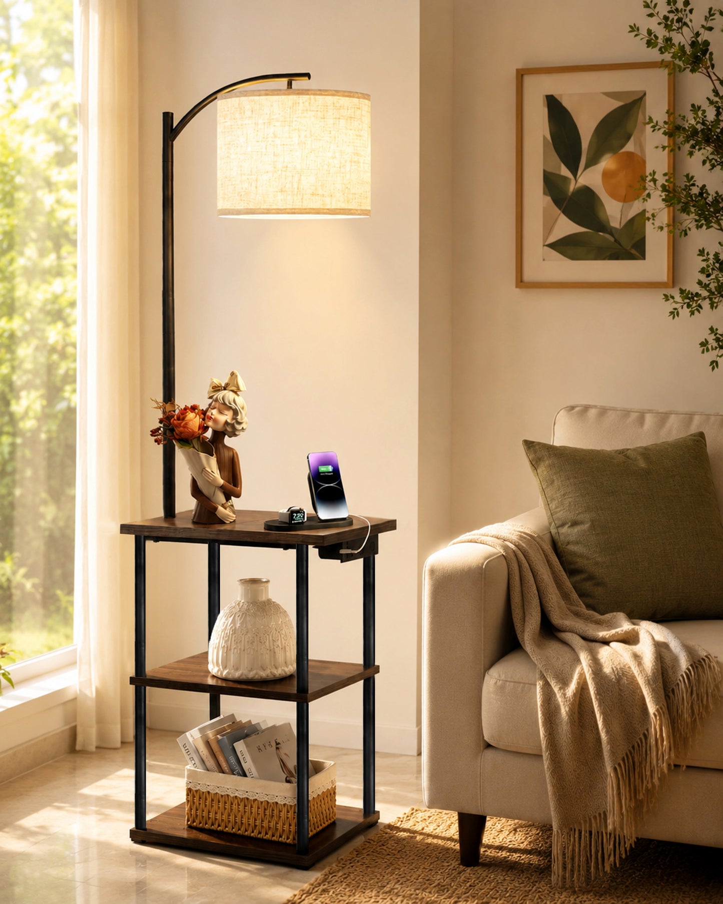 Modern Floor Lamp with Wooden Shelves & Charging Station | Bedside Lamp with USB Port, Power Outlet & Fabric Shade | Space-Saving Side Table Lamp for Living Room & Bedroom | Teak Finish, Warm Ambient Lighting