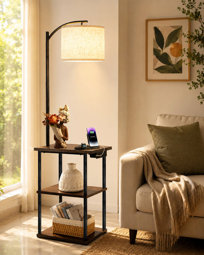 Modern Floor Lamp with Wooden Shelves & Charging Station | Bedside Lamp with USB Port, Power Outlet & Fabric Shade | Space-Saving Side Table Lamp for Living Room & Bedroom | Teak Finish, Warm Ambient Lighting