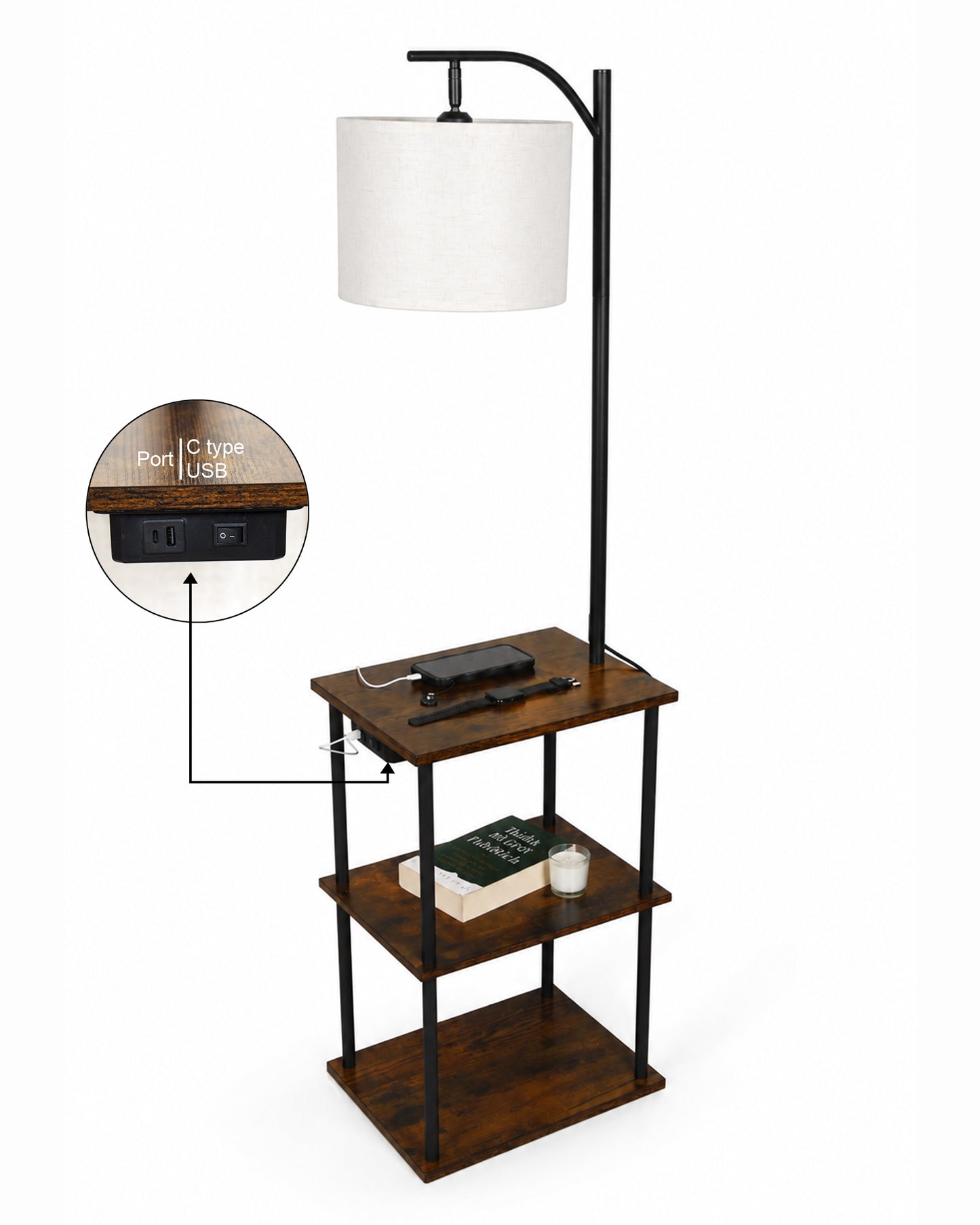 Modern Floor Lamp with Wooden Shelves & Charging Station | Bedside Lamp with USB Port, Power Outlet & Fabric Shade | Space-Saving Side Table Lamp for Living Room & Bedroom | Teak Finish, Warm Ambient Lighting