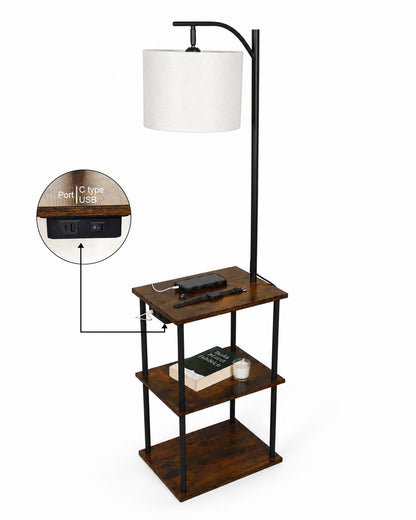 Modern Floor Lamp with Wooden Shelves & Charging Station | Bedside Lamp with USB Port, Power Outlet & Fabric Shade | Space-Saving Side Table Lamp for Living Room & Bedroom | Teak Finish, Warm Ambient Lighting