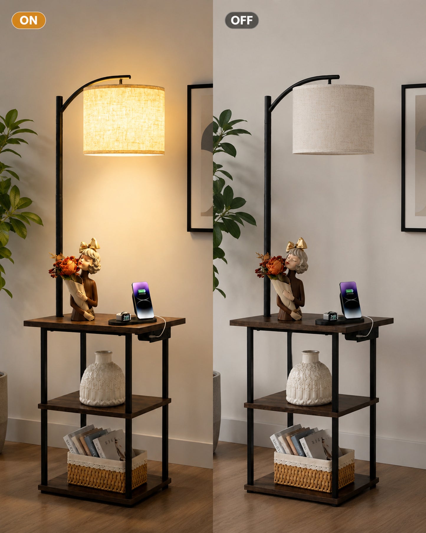 Modern Floor Lamp with Wooden Shelves & Charging Station | Bedside Lamp with USB Port, Power Outlet & Fabric Shade | Space-Saving Side Table Lamp for Living Room & Bedroom | Teak Finish, Warm Ambient Lighting
