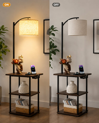 Modern Floor Lamp with Wooden Shelves & Charging Station | Bedside Lamp with USB Port, Power Outlet & Fabric Shade | Space-Saving Side Table Lamp for Living Room & Bedroom | Teak Finish, Warm Ambient Lighting