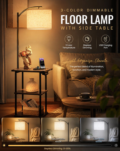 Modern Floor Lamp with Wooden Shelves & Charging Station | Bedside Lamp with USB Port, Power Outlet & Fabric Shade | Space-Saving Side Table Lamp for Living Room & Bedroom | Teak Finish, Warm Ambient Lighting