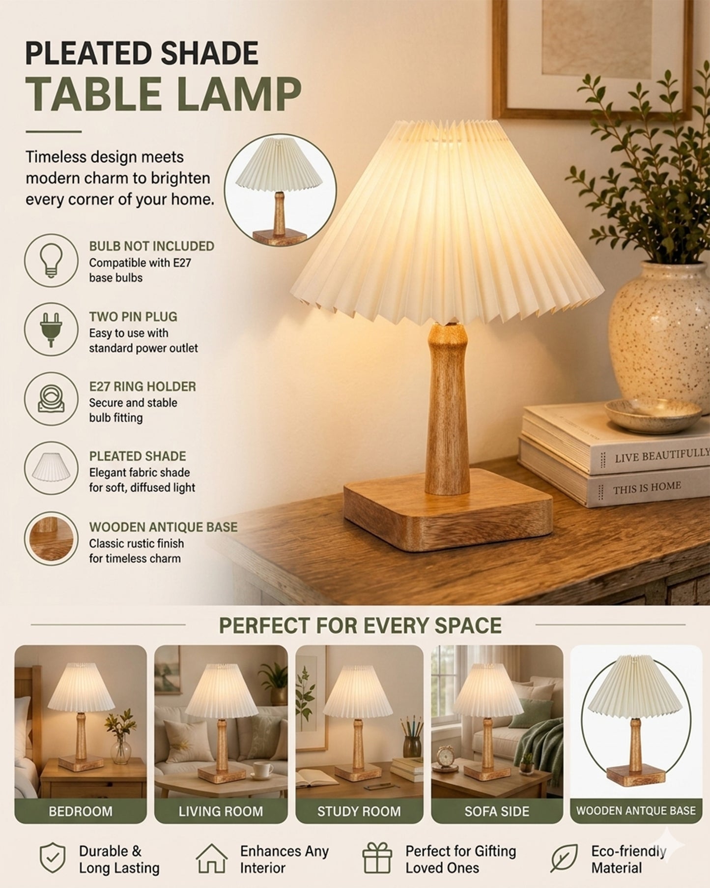 Kyoto Pleated Wooden Table Lamp for Bedroom, Bedside & Living Room | Nordic Aesthetic Ambient Light | Home Decorative Wooden Desk Lamp, (Pleated Shade)