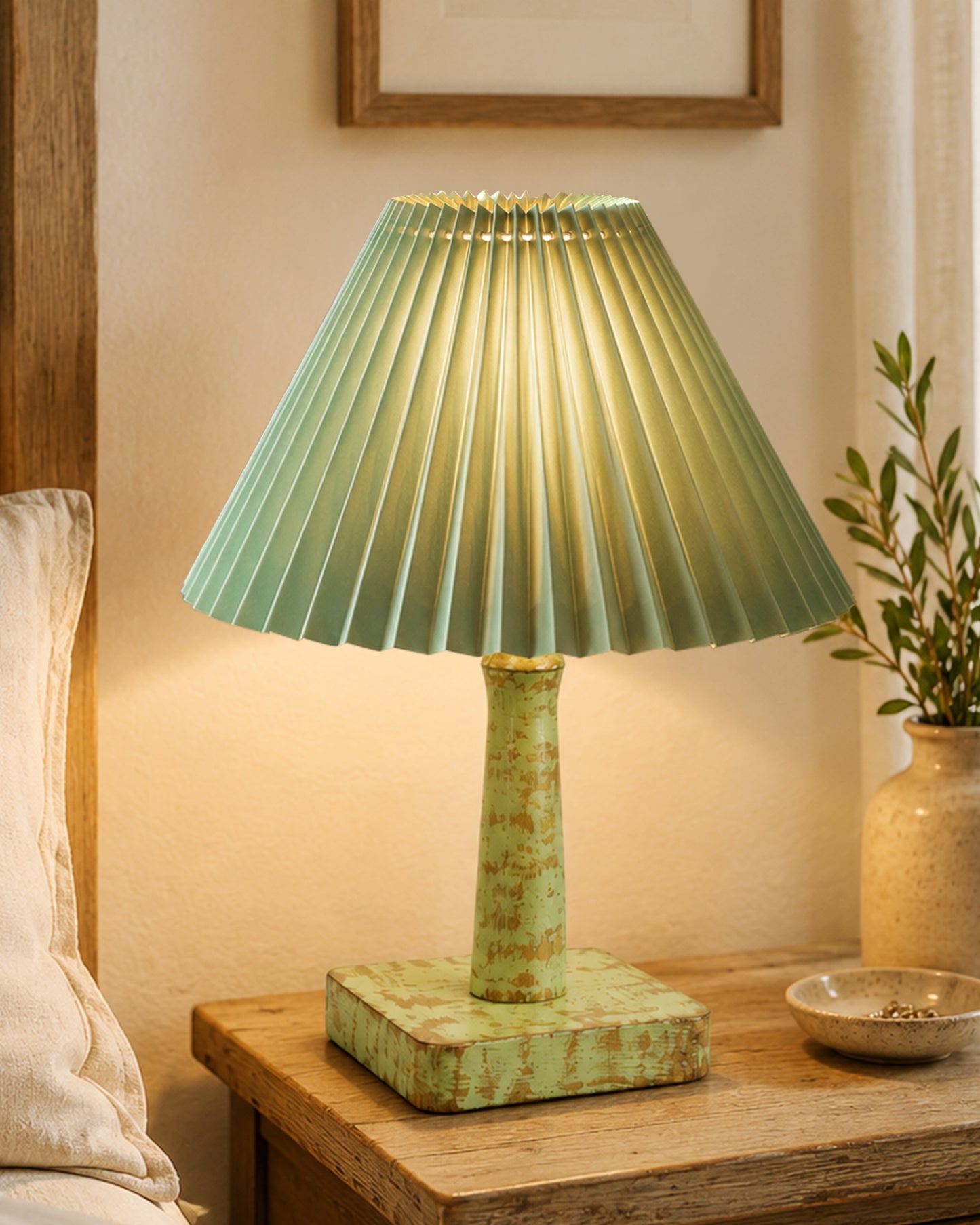 Kyoto Pleated Wooden Table Lamp for Bedroom, Bedside & Living Room | Nordic Aesthetic Ambient Light | Home Decorative Wooden Desk Lamp, (Pleated Shade)