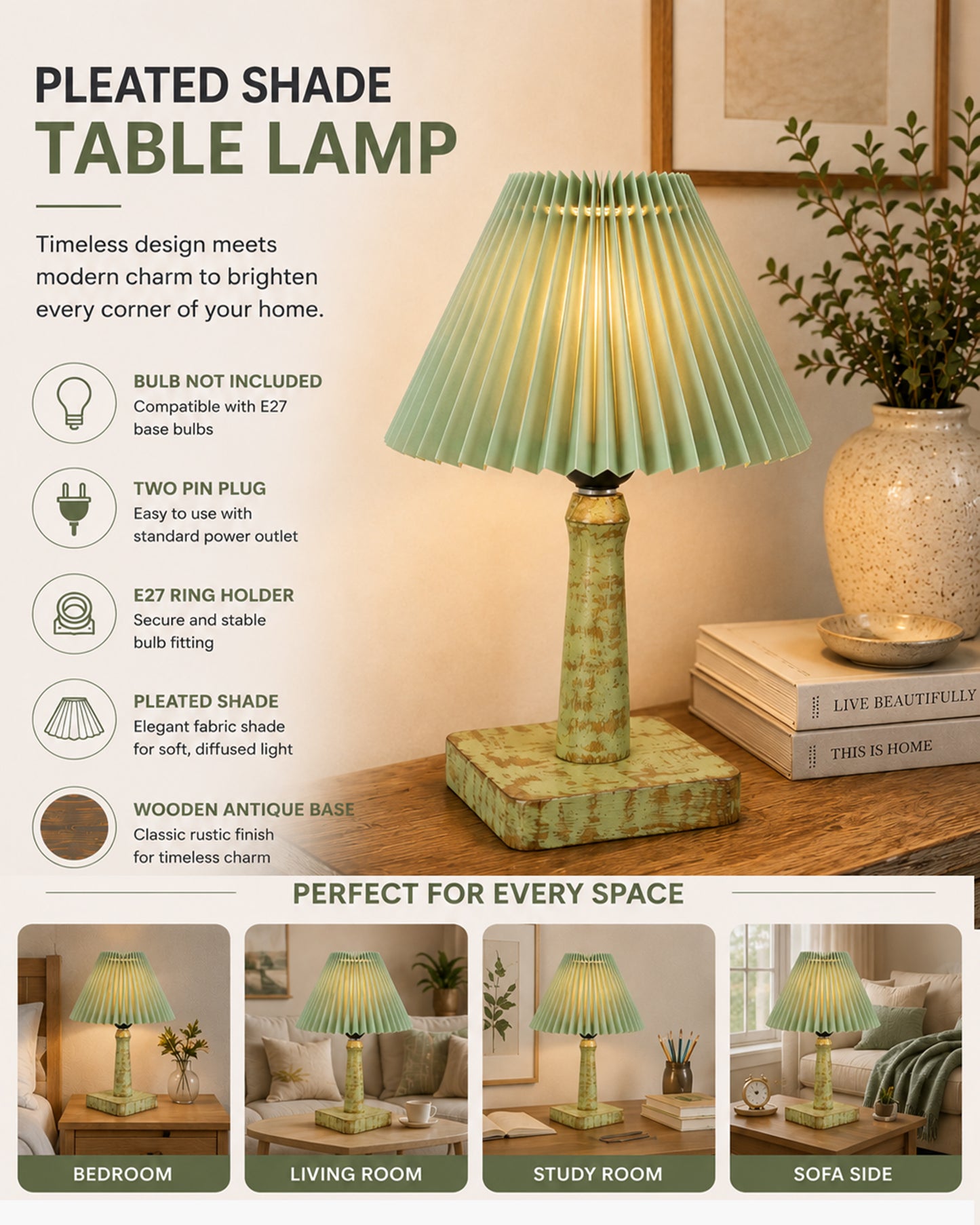 Kyoto Pleated Wooden Table Lamp for Bedroom, Bedside & Living Room | Nordic Aesthetic Ambient Light | Home Decorative Wooden Desk Lamp, (Pleated Shade)