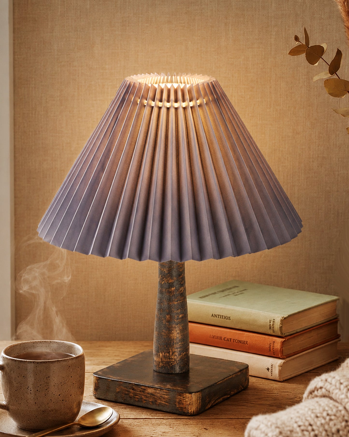 Kyoto Pleated Wooden Table Lamp for Bedroom, Bedside & Living Room | Nordic Aesthetic Ambient Light | Home Decorative Wooden Desk Lamp, (Pleated Shade)