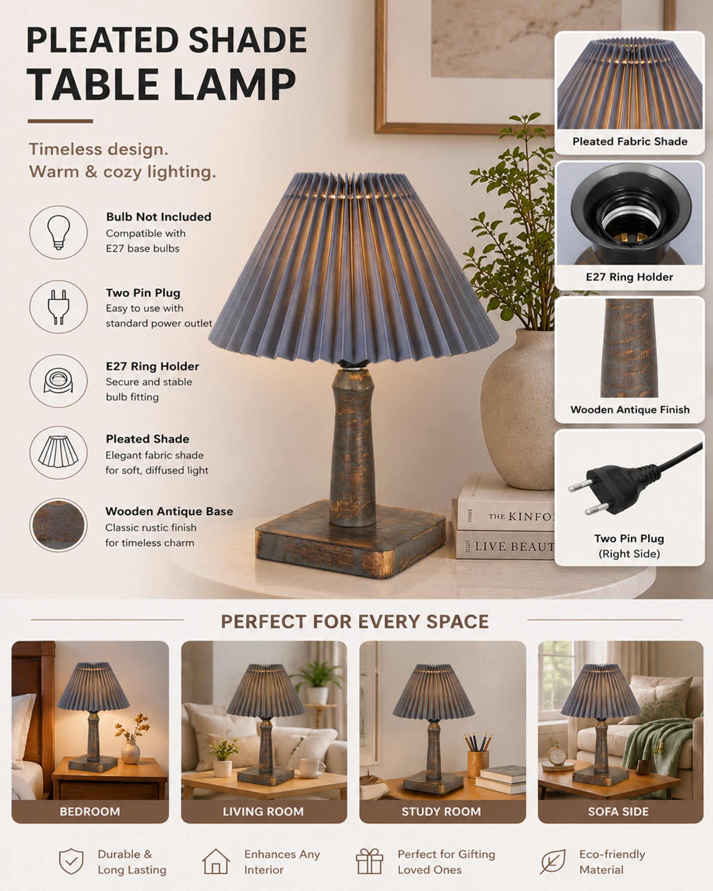 Kyoto Pleated Wooden Table Lamp for Bedroom, Bedside & Living Room | Nordic Aesthetic Ambient Light | Home Decorative Wooden Desk Lamp, (Pleated Shade)