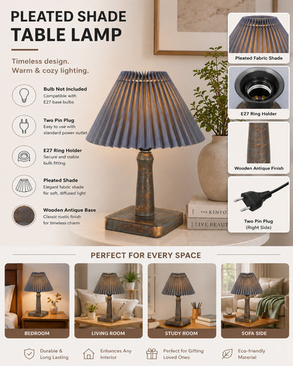 Kyoto Pleated Wooden Table Lamp for Bedroom, Bedside & Living Room | Nordic Aesthetic Ambient Light | Home Decorative Wooden Desk Lamp, (Pleated Shade)