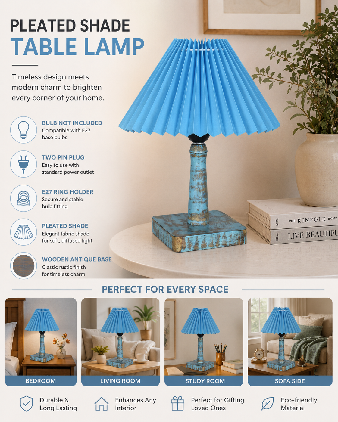 Kyoto Pleated Wooden Table Lamp for Bedroom, Bedside & Living Room | Nordic Aesthetic Ambient Light | Home Decorative Wooden Desk Lamp, (Pleated Shade)