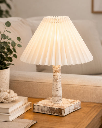 Kyoto Pleated Wooden Table Lamp for Bedroom, Bedside & Living Room | Nordic Aesthetic Ambient Light | Home Decorative Wooden Desk Lamp, (Pleated Shade)