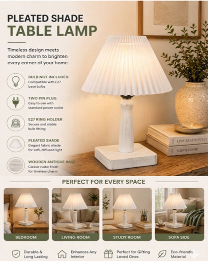 Kyoto Pleated Wooden Table Lamp for Bedroom, Bedside & Living Room | Nordic Aesthetic Ambient Light | Home Decorative Wooden Desk Lamp, (Pleated Shade)