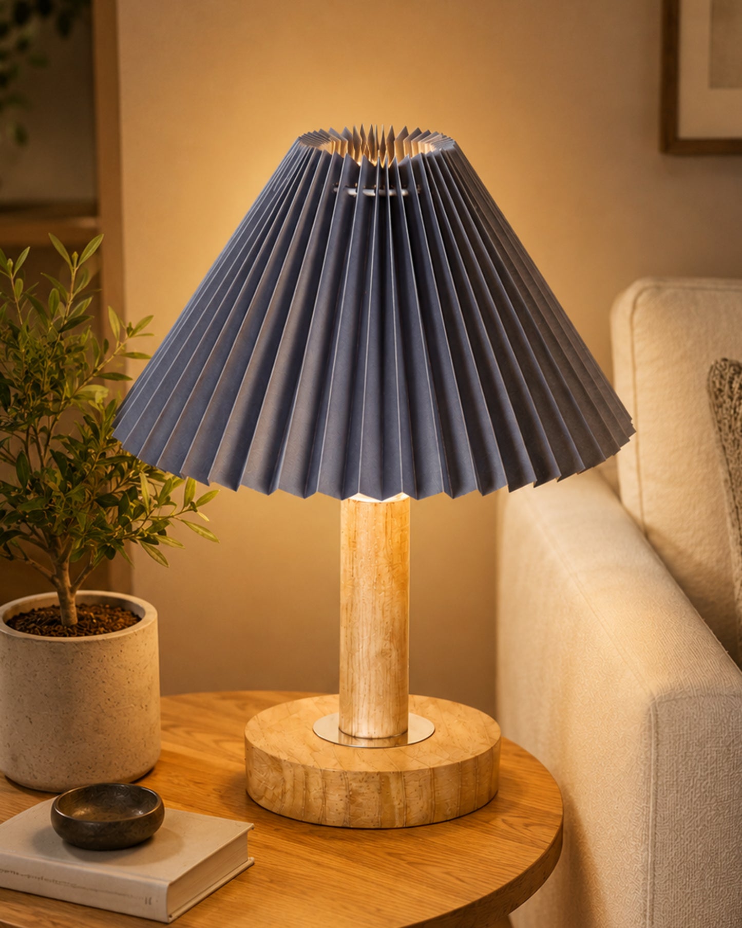 Small PineFold Wooden Table Lamp for Bedroom, Bedside & Living Room, Desk Lamps, Study Lamp | Rustic Korean Style Ambient Light Bedside Gift, (Pleated Shade)