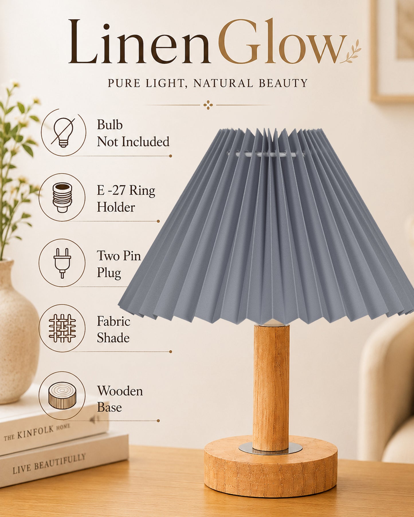 Small PineFold Wooden Table Lamp for Bedroom, Bedside & Living Room, Desk Lamps, Study Lamp | Rustic Korean Style Ambient Light Bedside Gift, (Pleated Shade)