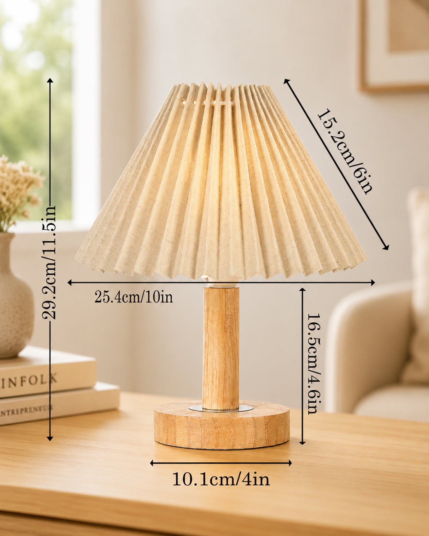 Small PineFold Wooden Table Lamp for Bedroom, Bedside & Living Room, Desk Lamps, Study Lamp | Rustic Korean Style Ambient Light Bedside Gift, (Pleated Shade)