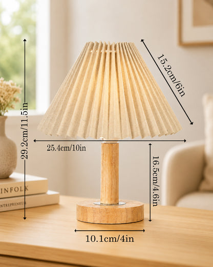 Small PineFold Wooden Table Lamp for Bedroom, Bedside & Living Room, Desk Lamps, Study Lamp | Rustic Korean Style Ambient Light Bedside Gift, (Pleated Shade)