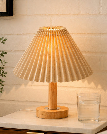 Small PineFold Wooden Table Lamp for Bedroom, Bedside & Living Room, Desk Lamps, Study Lamp | Rustic Korean Style Ambient Light Bedside Gift, (Pleated Shade)