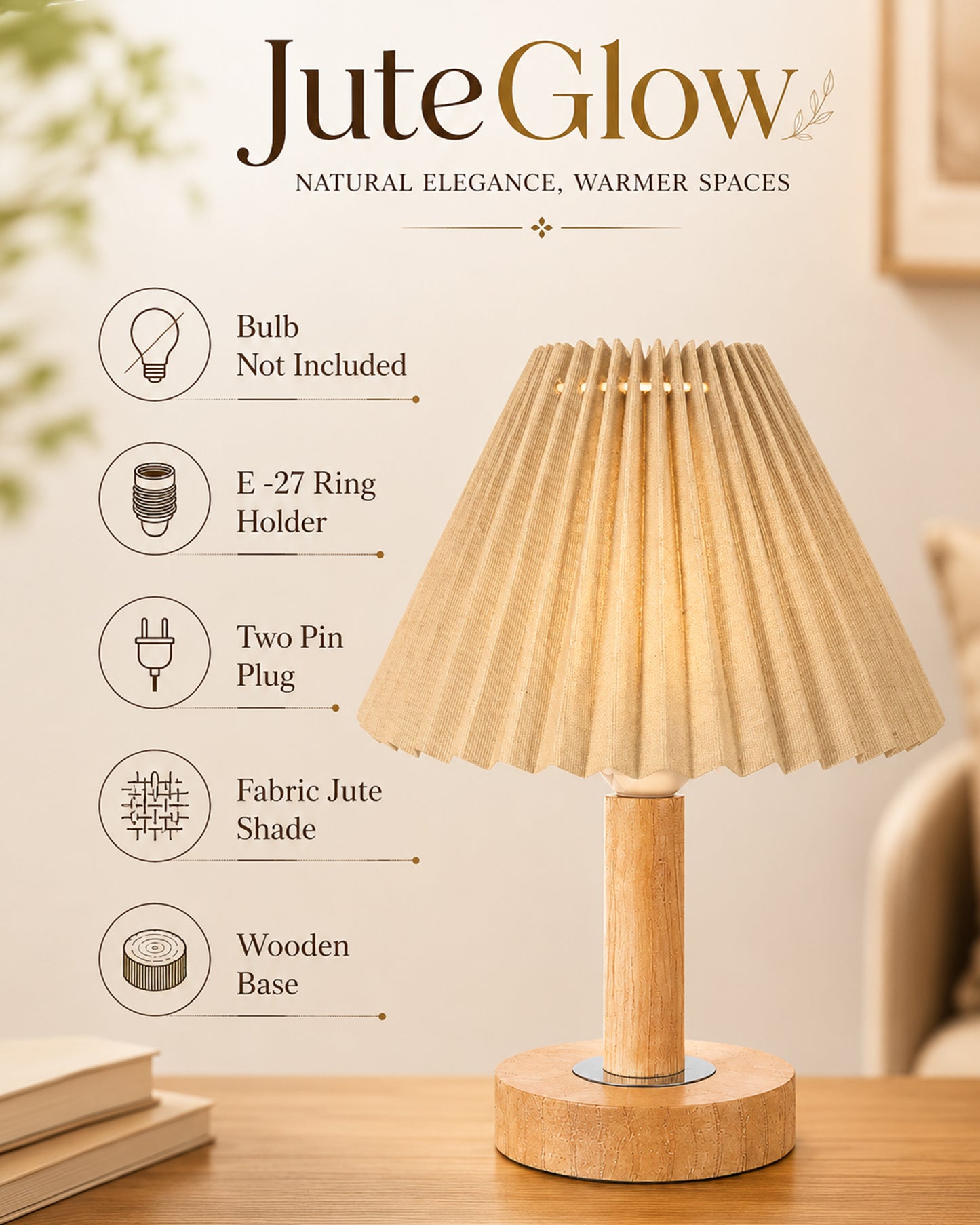 Small PineFold Wooden Table Lamp for Bedroom, Bedside & Living Room, Desk Lamps, Study Lamp | Rustic Korean Style Ambient Light Bedside Gift, (Pleated Shade)