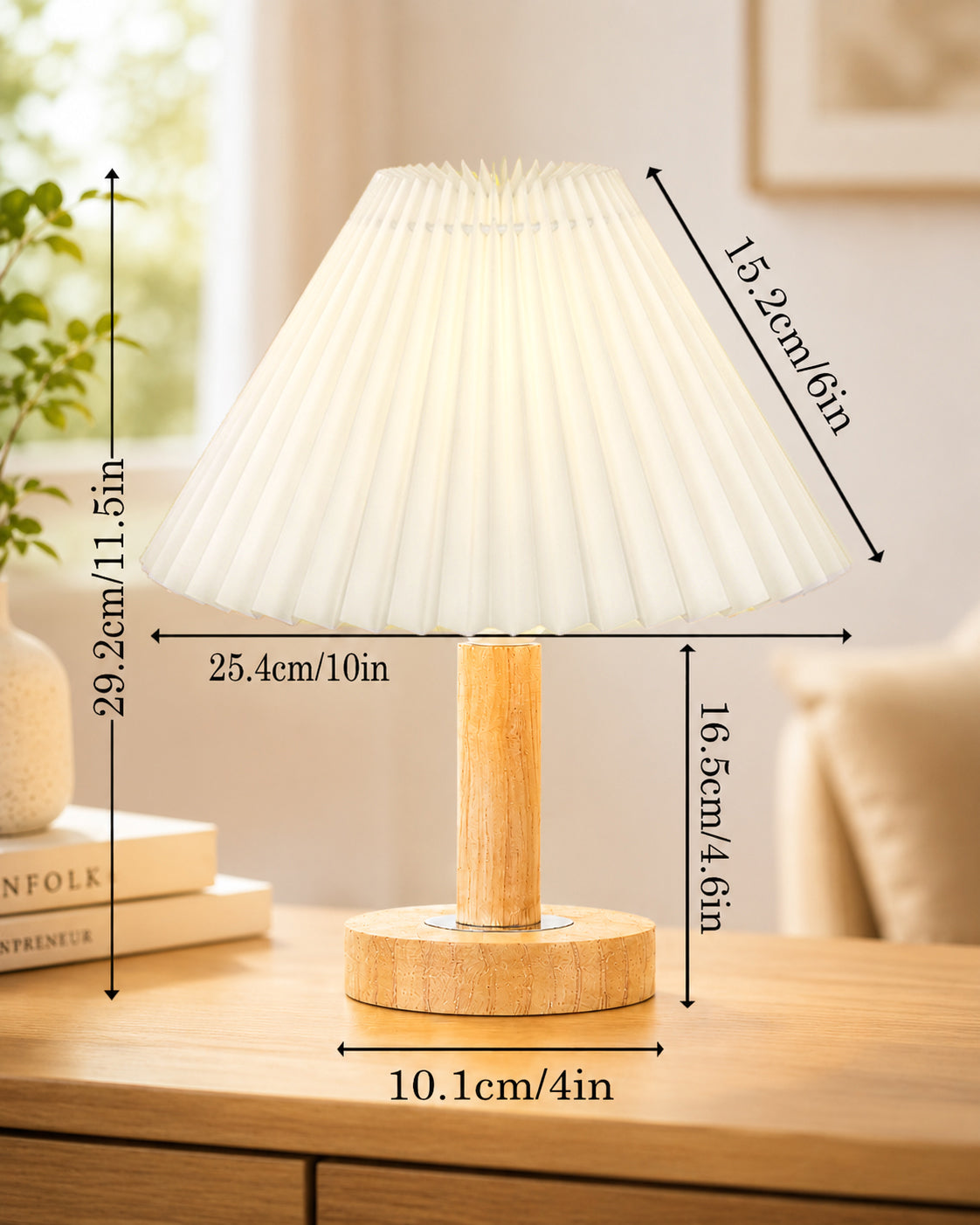 Small PineFold Wooden Table Lamp for Bedroom, Bedside & Living Room, Desk Lamps, Study Lamp | Rustic Korean Style Ambient Light Bedside Gift, (Pleated Shade)