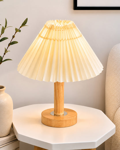 Small PineFold Wooden Table Lamp for Bedroom, Bedside & Living Room, Desk Lamps, Study Lamp | Rustic Korean Style Ambient Light Bedside Gift, (Pleated Shade)