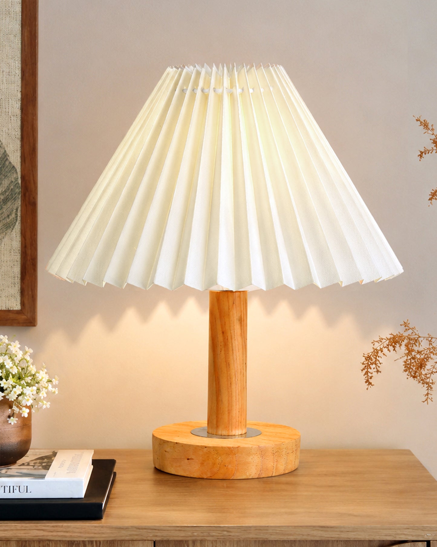 Small PineFold Wooden Table Lamp for Bedroom, Bedside & Living Room, Desk Lamps, Study Lamp | Rustic Korean Style Ambient Light Bedside Gift, (Pleated Shade)
