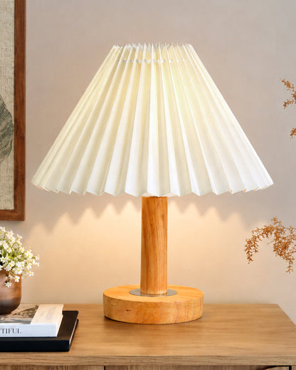 Small PineFold Wooden Table Lamp for Bedroom, Bedside & Living Room, Desk Lamps, Study Lamp | Rustic Korean Style Ambient Light Bedside Gift, (Pleated Shade)