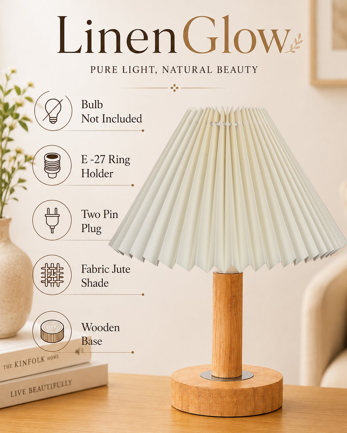 Small PineFold Wooden Table Lamp for Bedroom, Bedside & Living Room, Desk Lamps, Study Lamp | Rustic Korean Style Ambient Light Bedside Gift, (Pleated Shade)