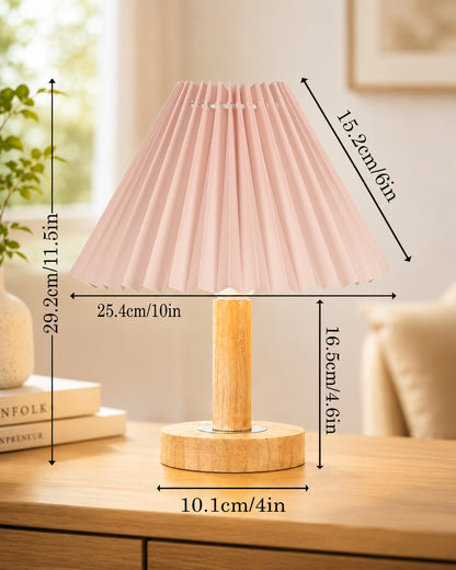 Small PineFold Wooden Table Lamp for Bedroom, Bedside & Living Room, Desk Lamps, Study Lamp | Rustic Korean Style Ambient Light Bedside Gift, (Pleated Shade)