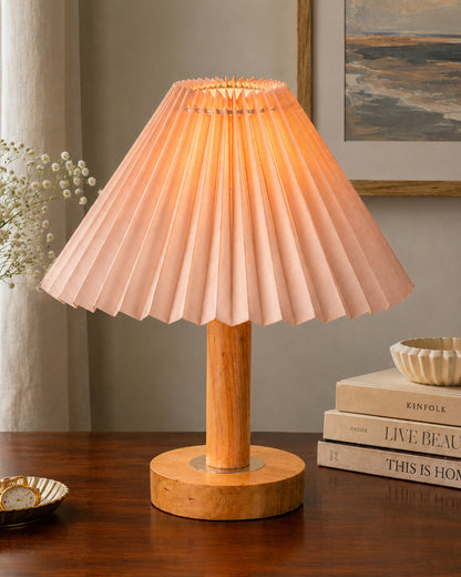 Small PineFold Wooden Table Lamp for Bedroom, Bedside & Living Room, Desk Lamps, Study Lamp | Rustic Korean Style Ambient Light Bedside Gift, (Pleated Shade)