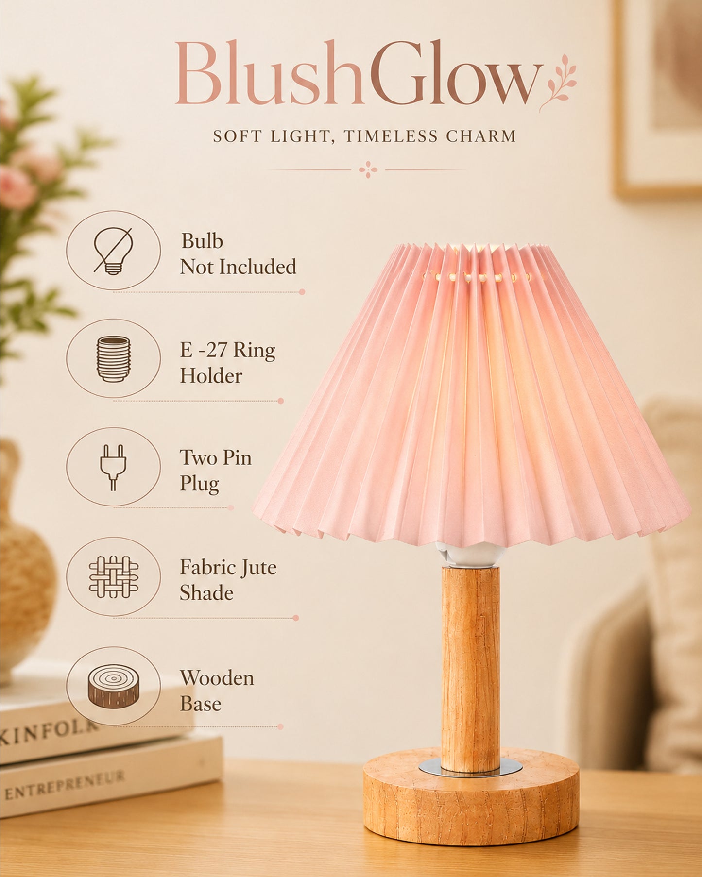 Small PineFold Wooden Table Lamp for Bedroom, Bedside & Living Room, Desk Lamps, Study Lamp | Rustic Korean Style Ambient Light Bedside Gift, (Pleated Shade)