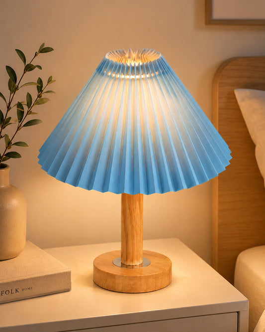 Small PineFold Wooden Table Lamp for Bedroom, Bedside & Living Room, Desk Lamps, Study Lamp | Rustic Korean Style Ambient Light Bedside Gift, (Pleated Shade)