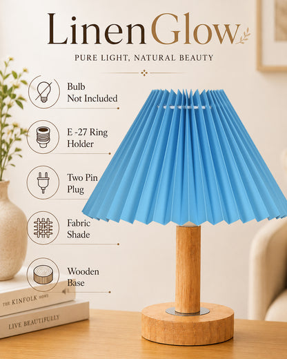 Small PineFold Wooden Table Lamp for Bedroom, Bedside & Living Room, Desk Lamps, Study Lamp | Rustic Korean Style Ambient Light Bedside Gift, (Pleated Shade)