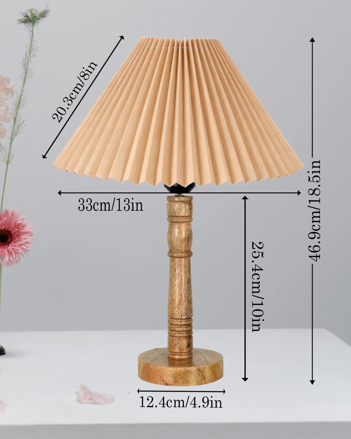 Mid Century Modern Stick Table Lamp, Hand Turned Floor Lamp Wood for Living Room, Stand Lamp with Fabric Lampshade for Bedroom, Desk Lamp, Study Room and Office, (Pleated Off-White)