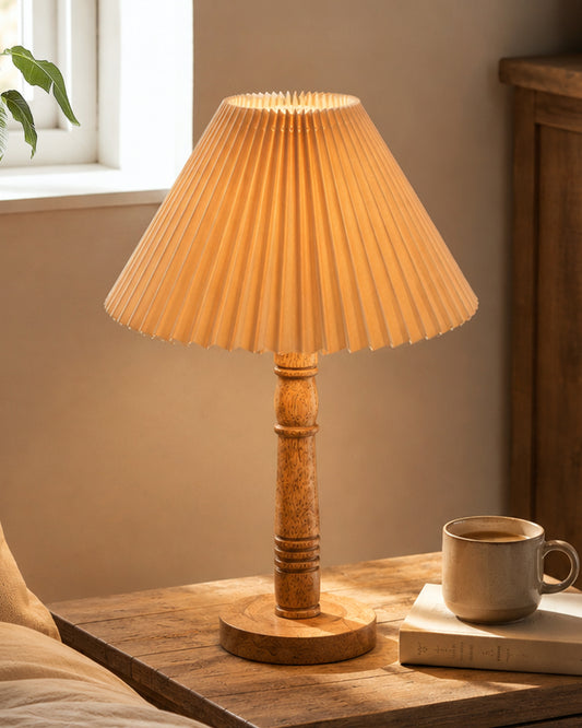 Mid Century Modern Stick Table Lamp, Hand Turned Floor Lamp Wood for Living Room, Stand Lamp with Fabric Lampshade for Bedroom, Desk Lamp, Study Room and Office, (Pleated Off-White)