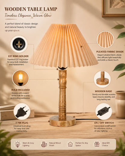 Mid Century Modern Stick Table Lamp, Hand Turned Floor Lamp Wood for Living Room, Stand Lamp with Fabric Lampshade for Bedroom, Desk Lamp, Study Room and Office, (Pleated Off-White)