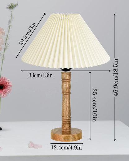 Mid Century Modern Stick Table Lamp, Hand Turned Floor Lamp Wood for Living Room, Stand Lamp with Fabric Lampshade for Bedroom, Desk Lamp, Study Room and Office, (Pleated Off-White)
