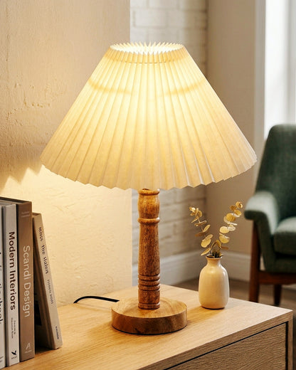 Mid Century Modern Stick Table Lamp, Hand Turned Floor Lamp Wood for Living Room, Stand Lamp with Fabric Lampshade for Bedroom, Desk Lamp, Study Room and Office, (Pleated Off-White)