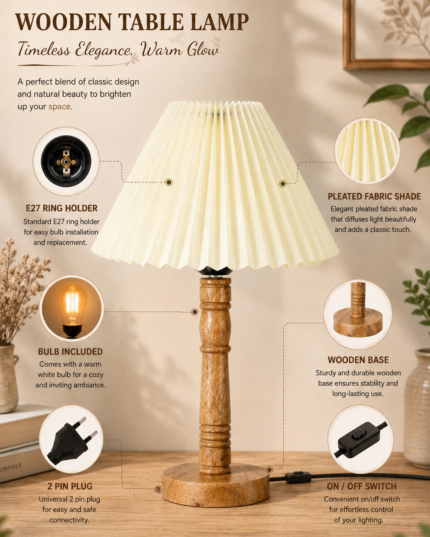 Mid Century Modern Stick Table Lamp, Hand Turned Floor Lamp Wood for Living Room, Stand Lamp with Fabric Lampshade for Bedroom, Desk Lamp, Study Room and Office, (Pleated Off-White)