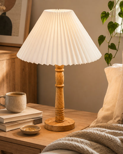 Mid Century Modern Stick Table Lamp, Hand Turned Floor Lamp Wood for Living Room, Stand Lamp with Fabric Lampshade for Bedroom, Desk Lamp, Study Room and Office, (Pleated Off-White)