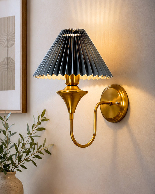 Homesake® Vintage Antique Brass Wall Sconce with Pleated Fabric Shade | Elegant Bedroom Bedside Wall Light | Classic European Decorative Wall Lamp, Versailles