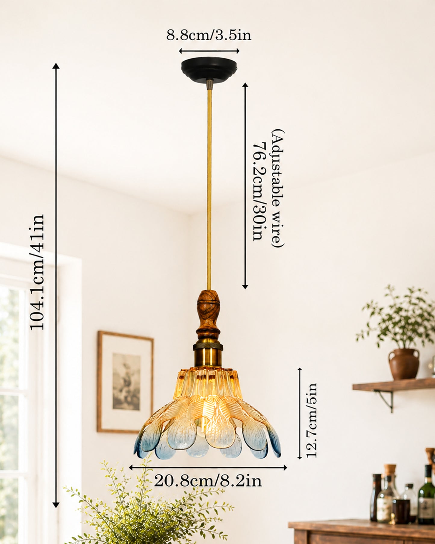 Botanica Pendant Lamp | Petal Scalloped Glass Hanging Light with Solid Wood Top | Vintage European Ceiling Fixture