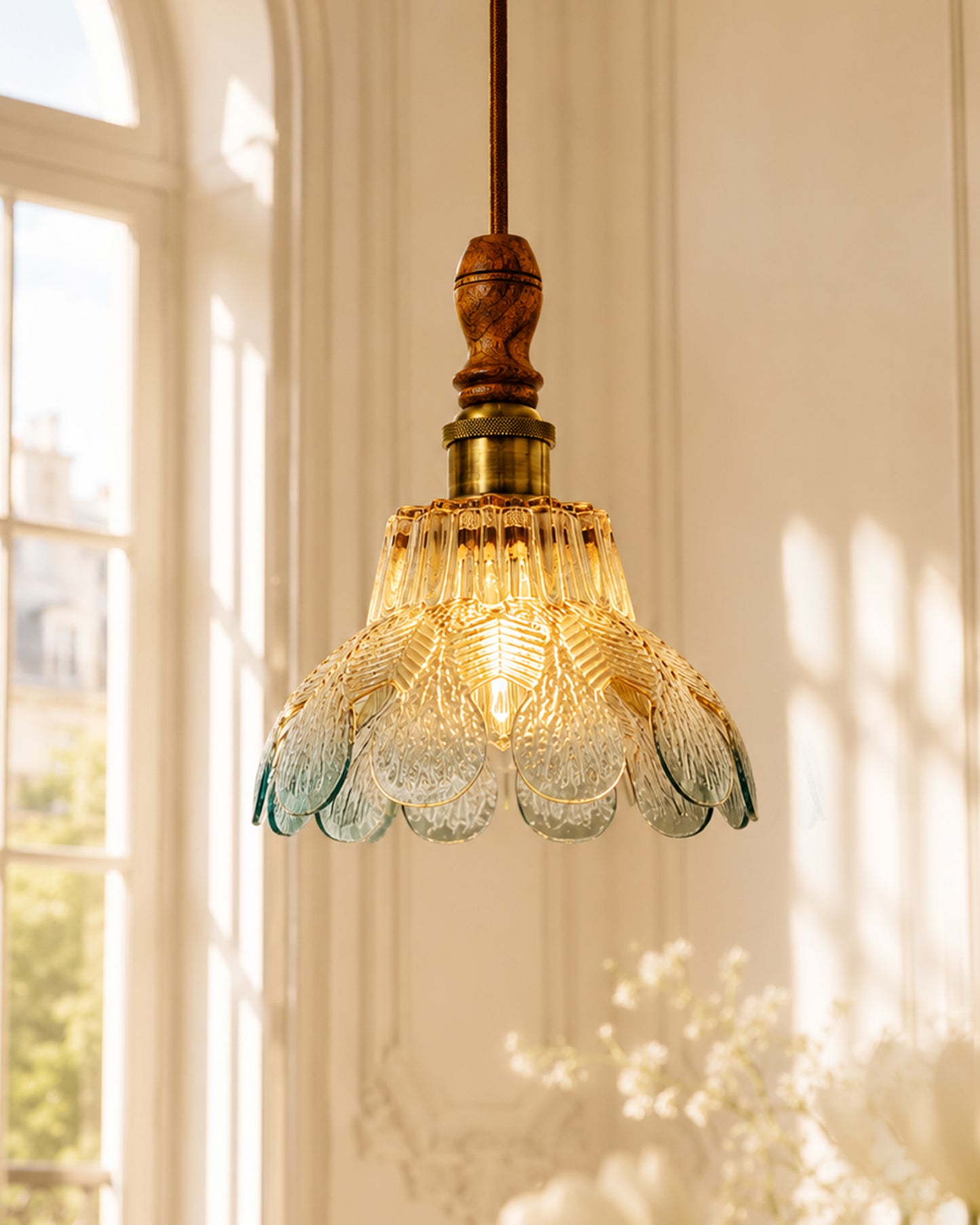 Botanica Pendant Lamp | Petal Scalloped Glass Hanging Light with Solid Wood Top | Vintage European Ceiling Fixture