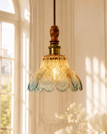 Botanica Pendant Lamp | Petal Scalloped Glass Hanging Light with Solid Wood Top | Vintage European Ceiling Fixture