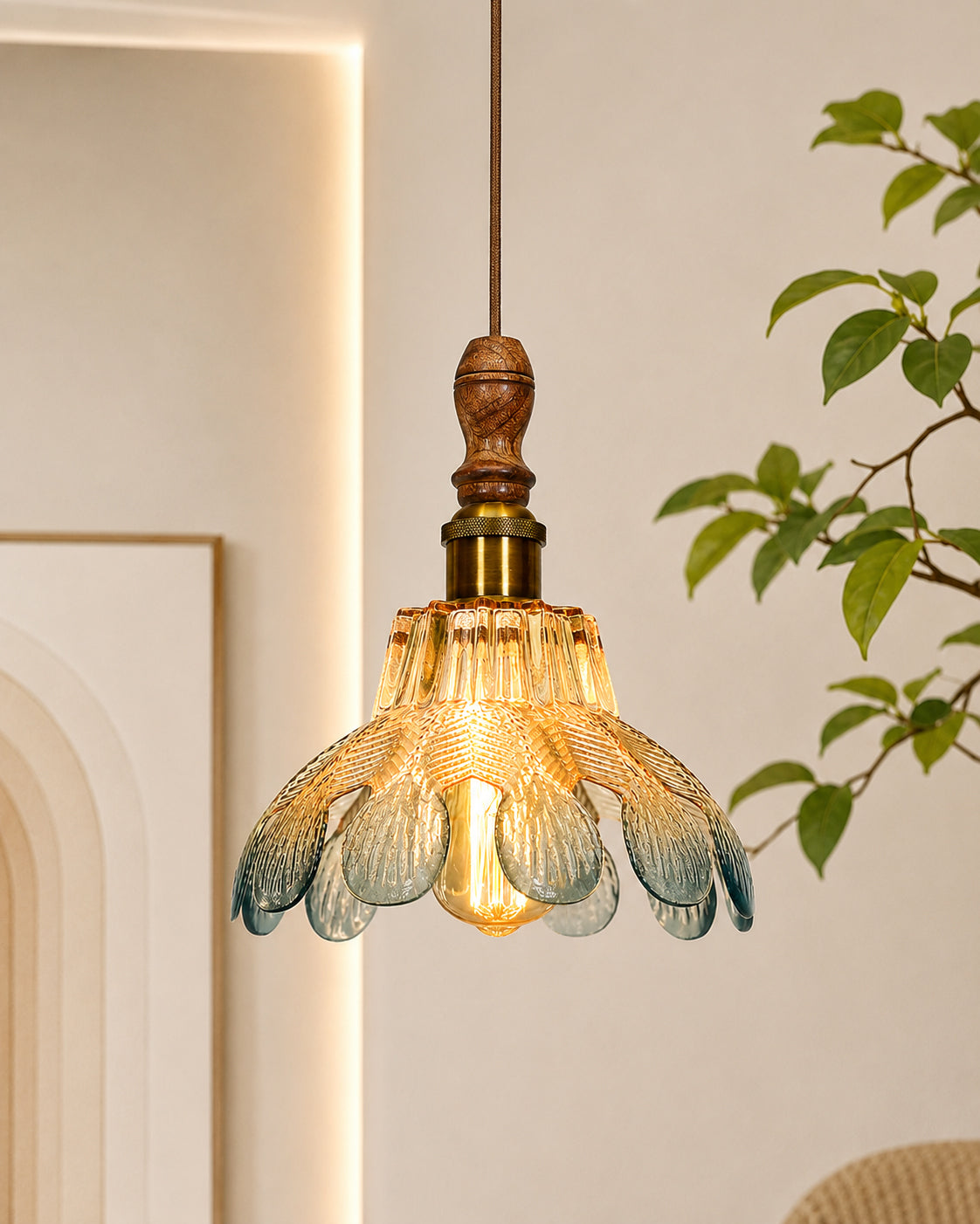 Botanica Pendant Lamp | Petal Scalloped Glass Hanging Light with Solid Wood Top | Vintage European Ceiling Fixture