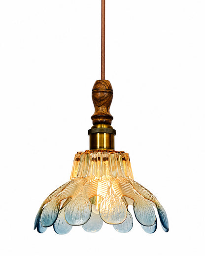 Botanica Pendant Lamp | Petal Scalloped Glass Hanging Light with Solid Wood Top | Vintage European Ceiling Fixture