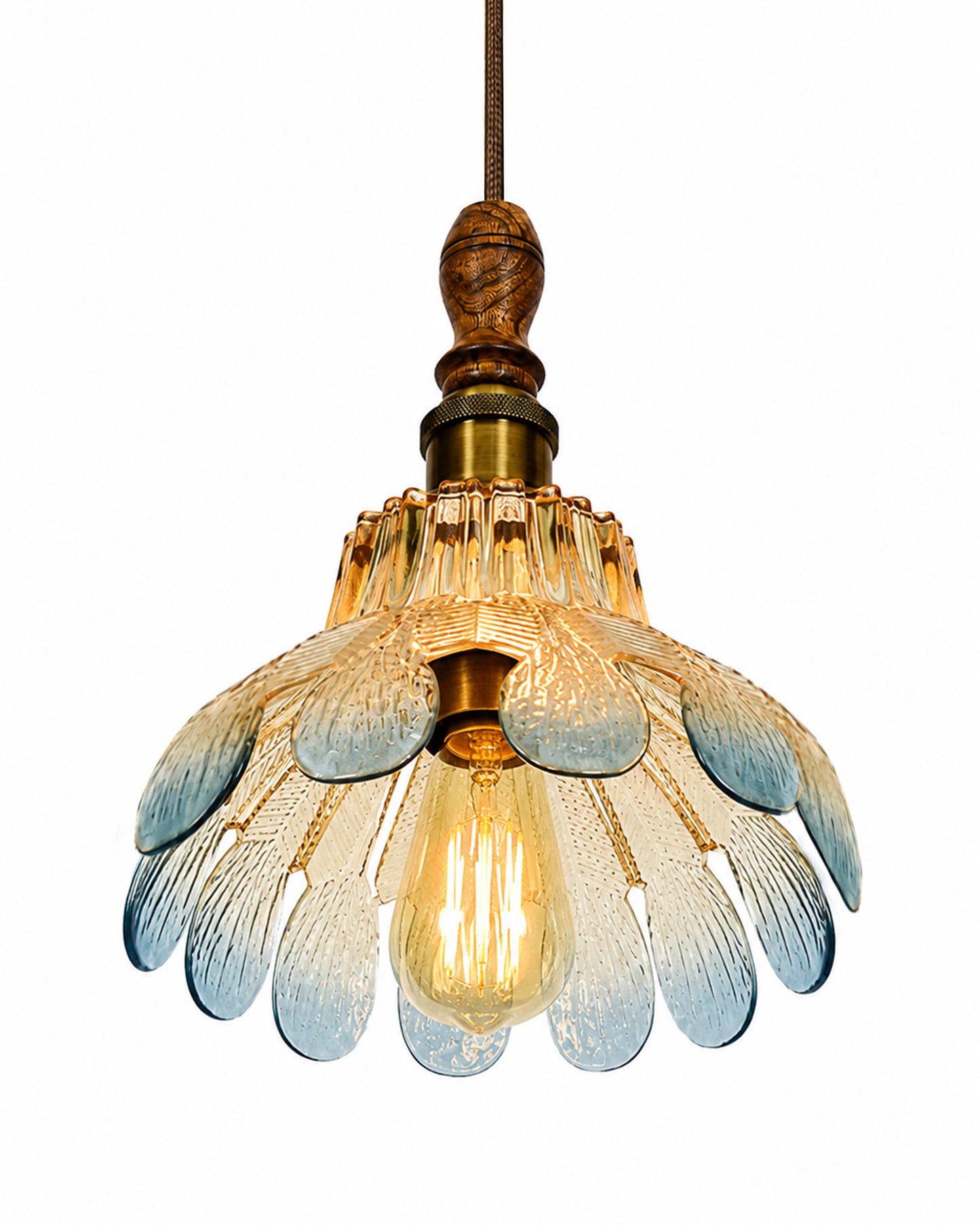Botanica Pendant Lamp | Petal Scalloped Glass Hanging Light with Solid Wood Top | Vintage European Ceiling Fixture