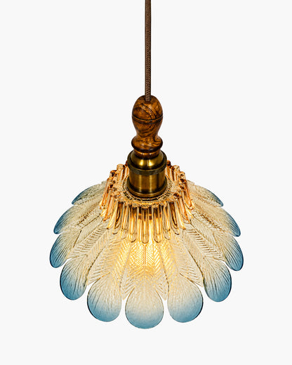 Botanica Pendant Lamp | Petal Scalloped Glass Hanging Light with Solid Wood Top | Vintage European Ceiling Fixture