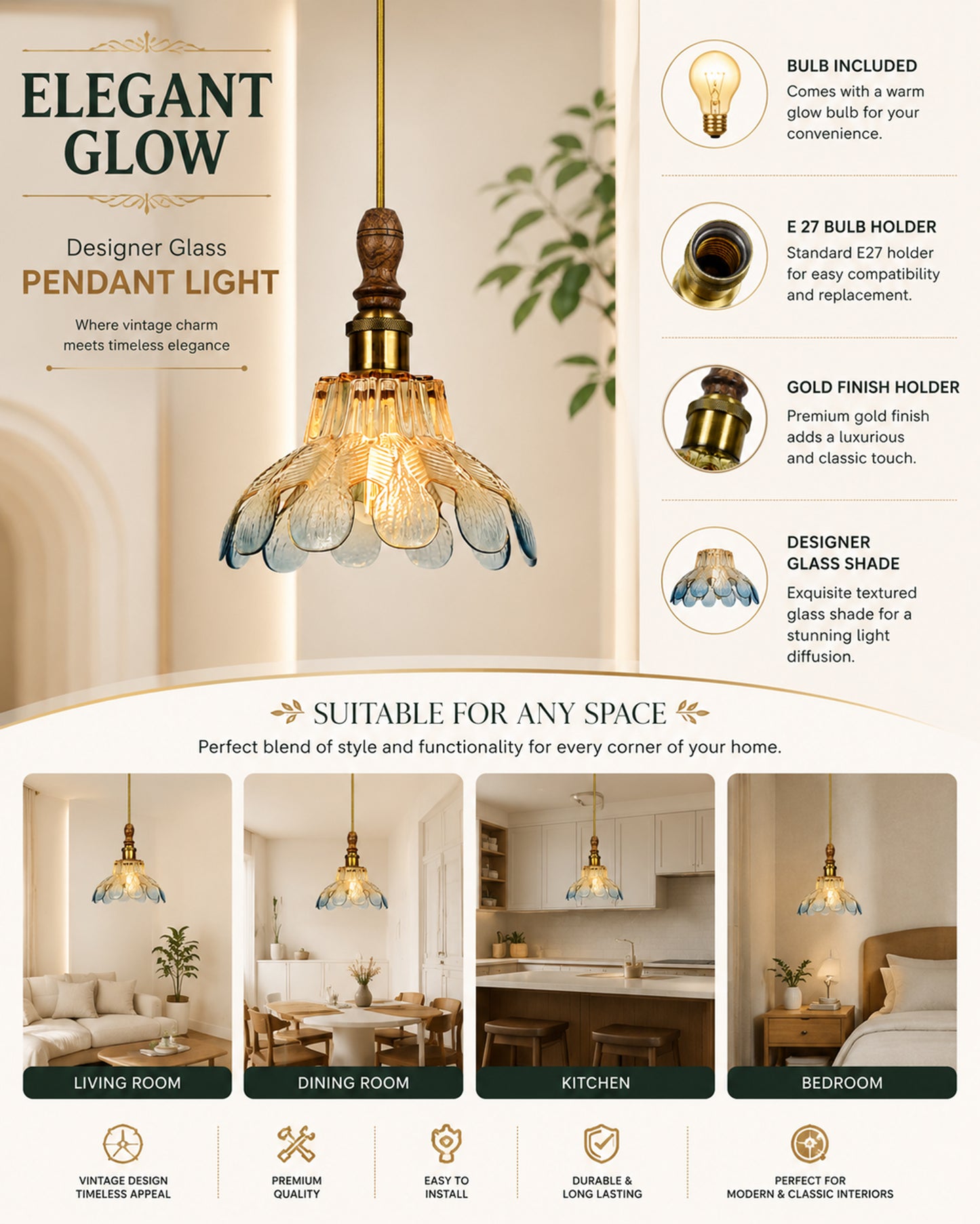 Botanica Pendant Lamp | Petal Scalloped Glass Hanging Light with Solid Wood Top | Vintage European Ceiling Fixture